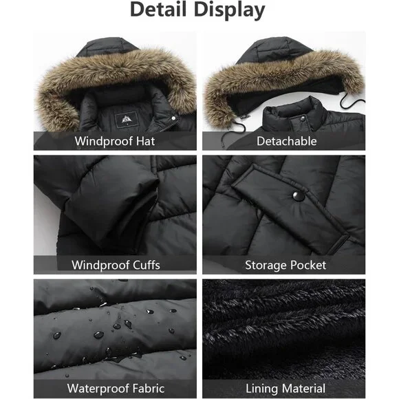 Winter Black Thickened Down Jacket Warm Long Puffer Coat Waterproof Parka